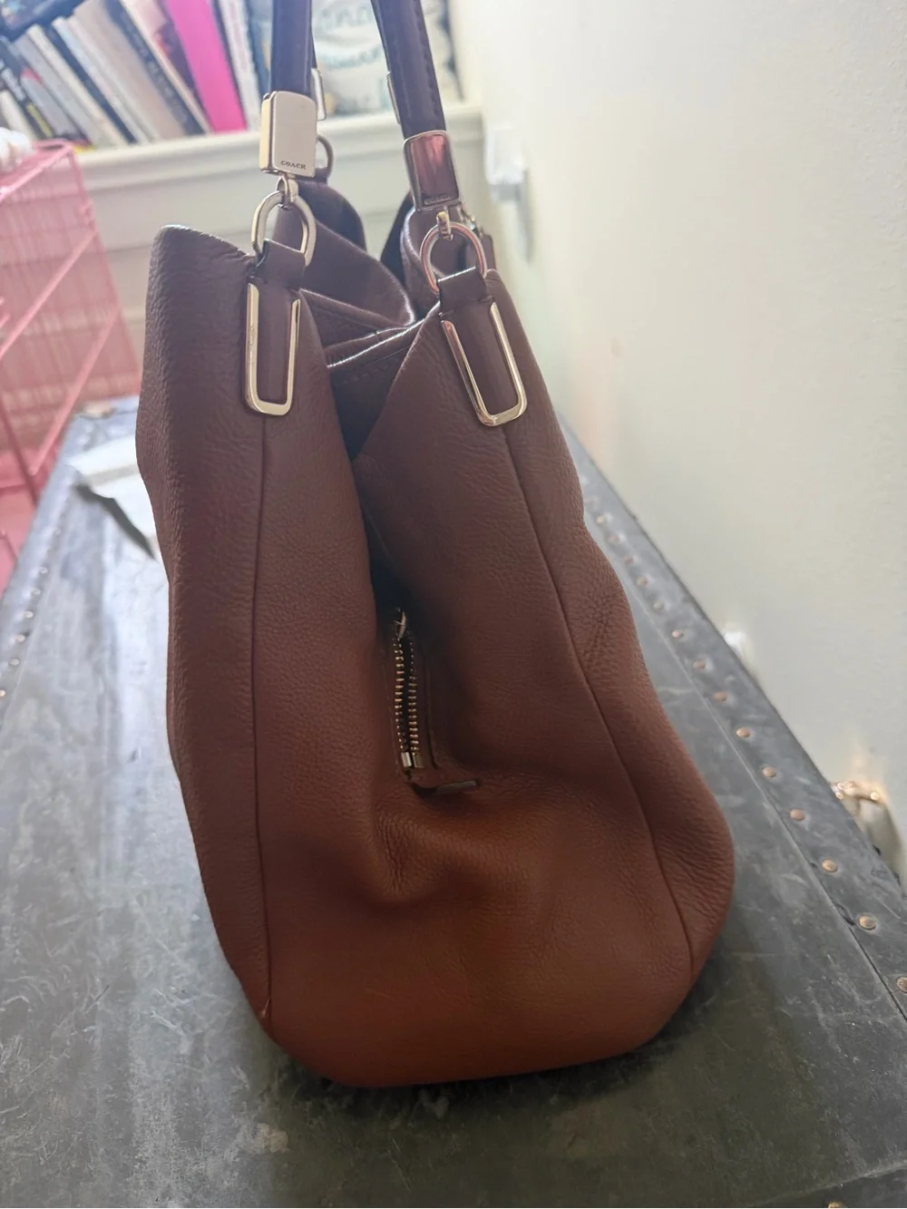 Coach Brown Pebbled Edie Leather Double-Handle Shoulder Bag